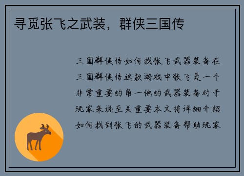 寻觅张飞之武装，群侠三国传
