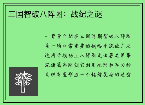 三国智破八阵图：战纪之谜
