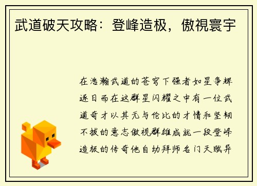 武道破天攻略：登峰造极，傲視寰宇